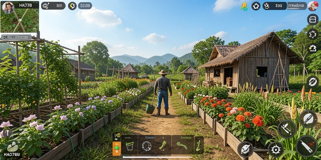 Screenshot HAO788 menampilkan kebun yang ramai dengan tanaman dan hewan.