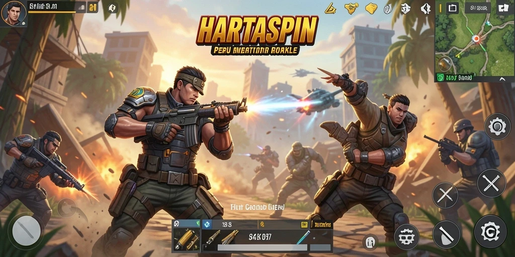 Tampilkan gameplay seru HARTASPIN dalam arena Battle Royale.