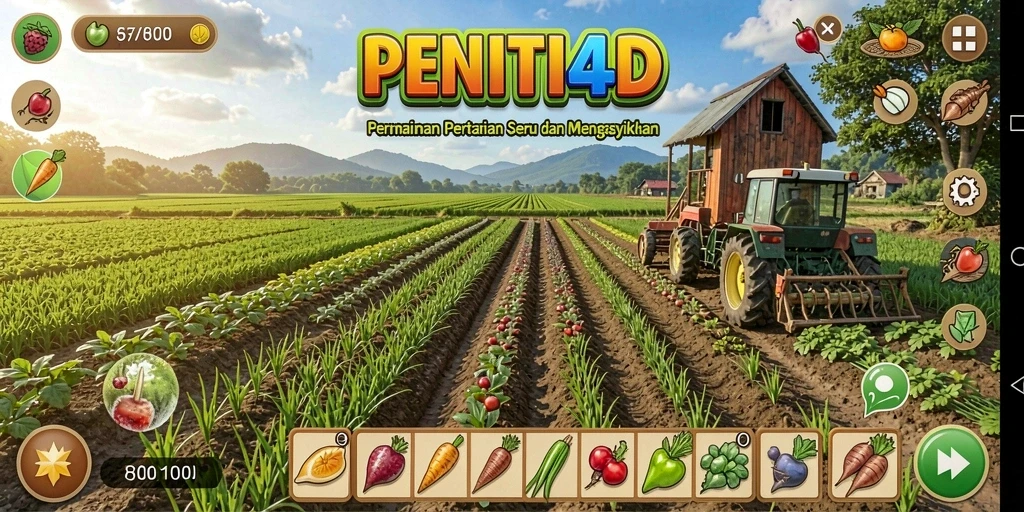 Screenshot gameplay dari PENITI4D yang menampilkan pertanian yang hijau dan subur.