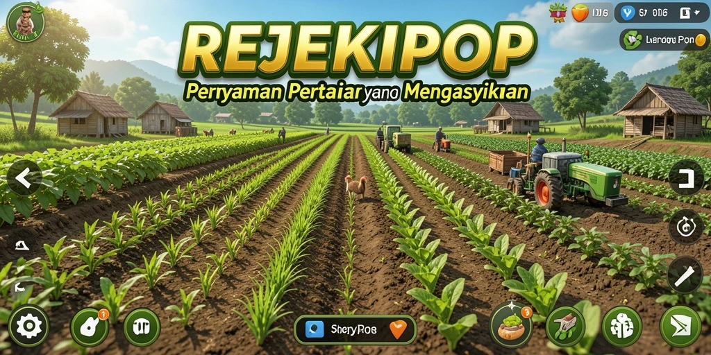Tampilan gameplay REJEKIPOP yang menggambarkan aktivitas berkebun yang menyenangkan.