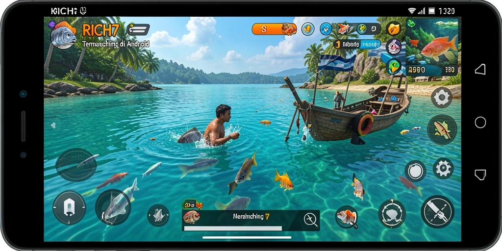 Screenshot utama RICH7 menampilkan gameplay memancing yang realistis dan menarik.