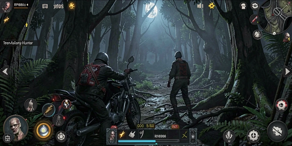 Tangkapan layar gameplay RP886 menunjukkan suasana menakutkan di hutan gelap.