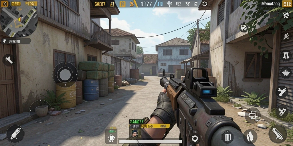 Screenshot menunjukkan pertempuran intens di SAND77 dengan grafik yang memukau.