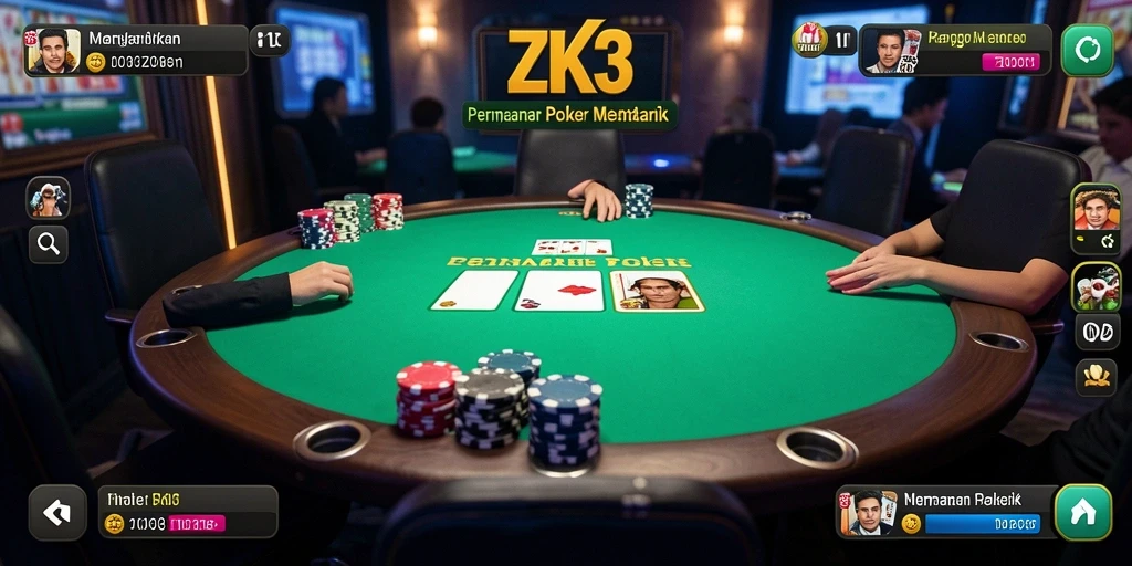 Screenshot ZK3 menunjukkan suasana permainan Poker yang mendebarkan.